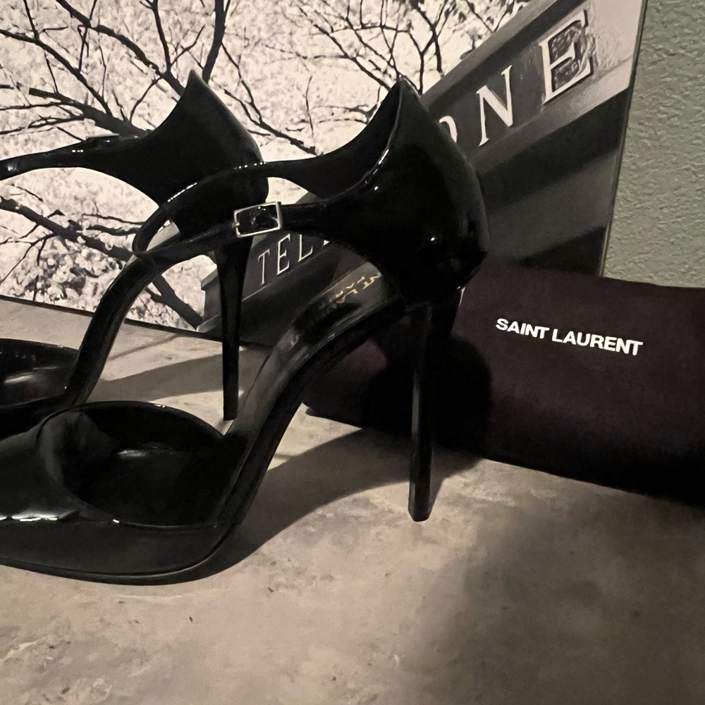 Saint Laurent Black Patent Leather Pointed-Toe Ankle-Strap Heels - Picture 3 of 6